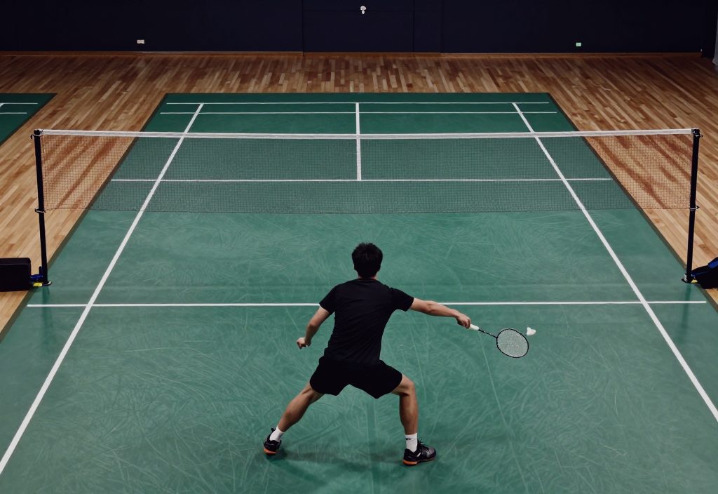 Players mid-rally on a lit badminton court at night
