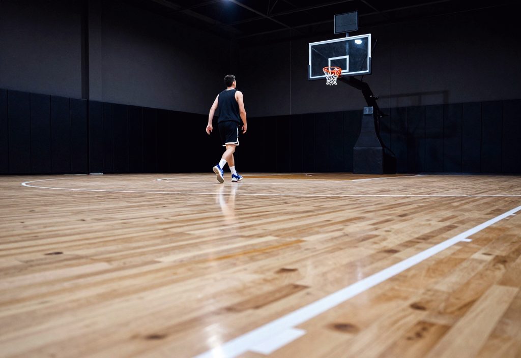 An indoor basketball court at night