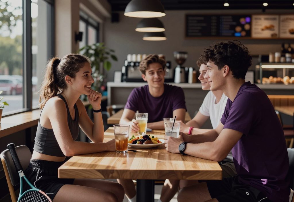 Players sharing a table and drinks in a sports centre cafe