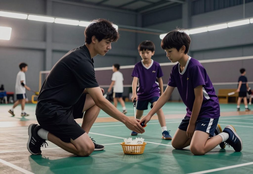 A coach showing two children how to hold a racket