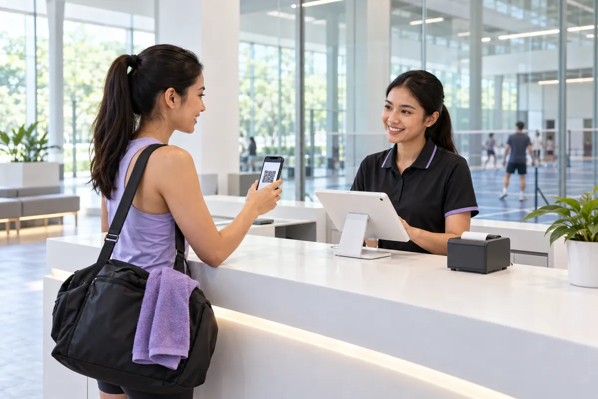 A receptionist checking in a member at a bright front counter
