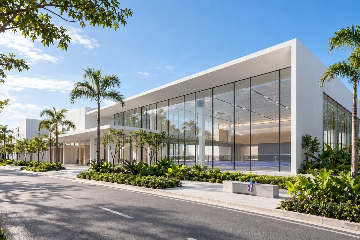 A modern sports complex on a bright day