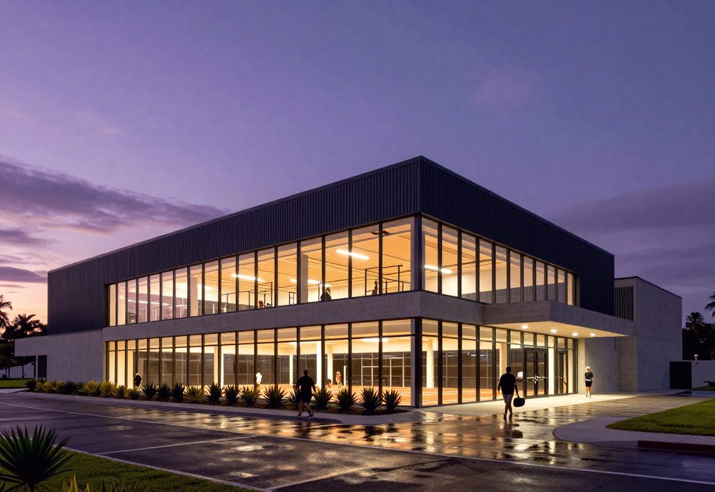 A sports complex at dusk, courts lit behind a glazed facade