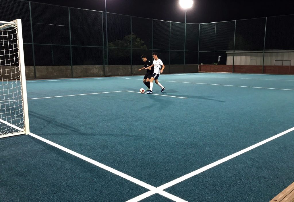 A futsal pitch under floodlights at night