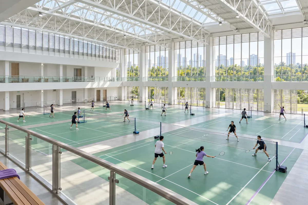A busy multipurpose hall with several badminton courts in use