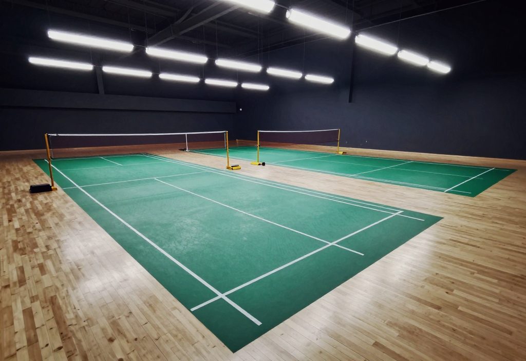 A multi-court sports hall at night, nets strung, before opening