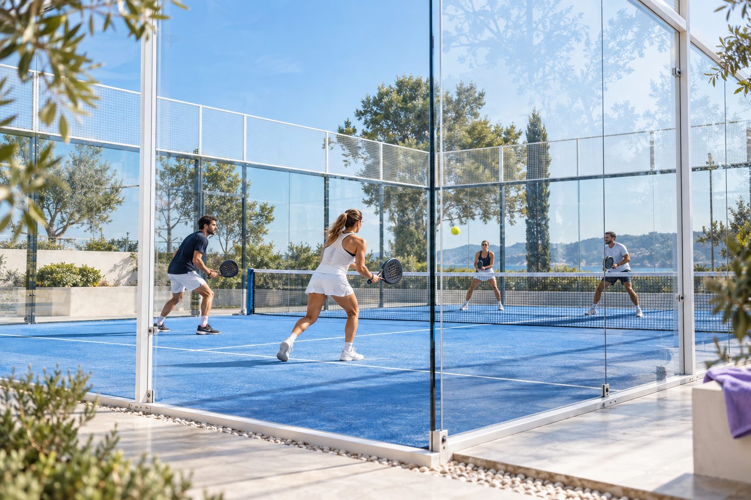 A doubles match inside a glass-walled padel court on a sunny afternoon