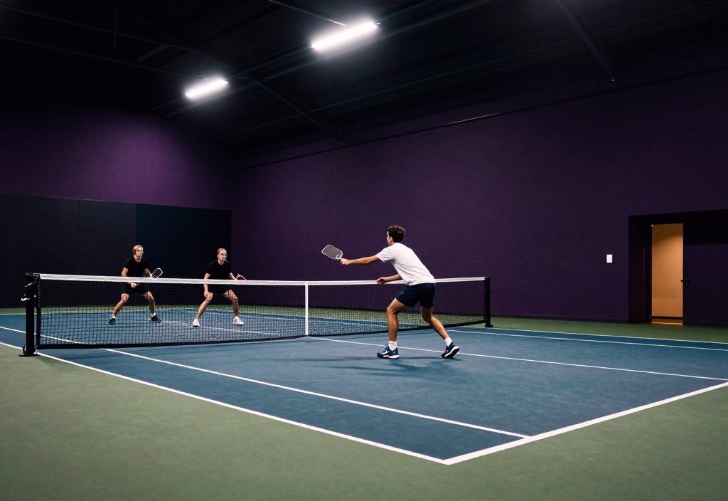A pickleball court at night