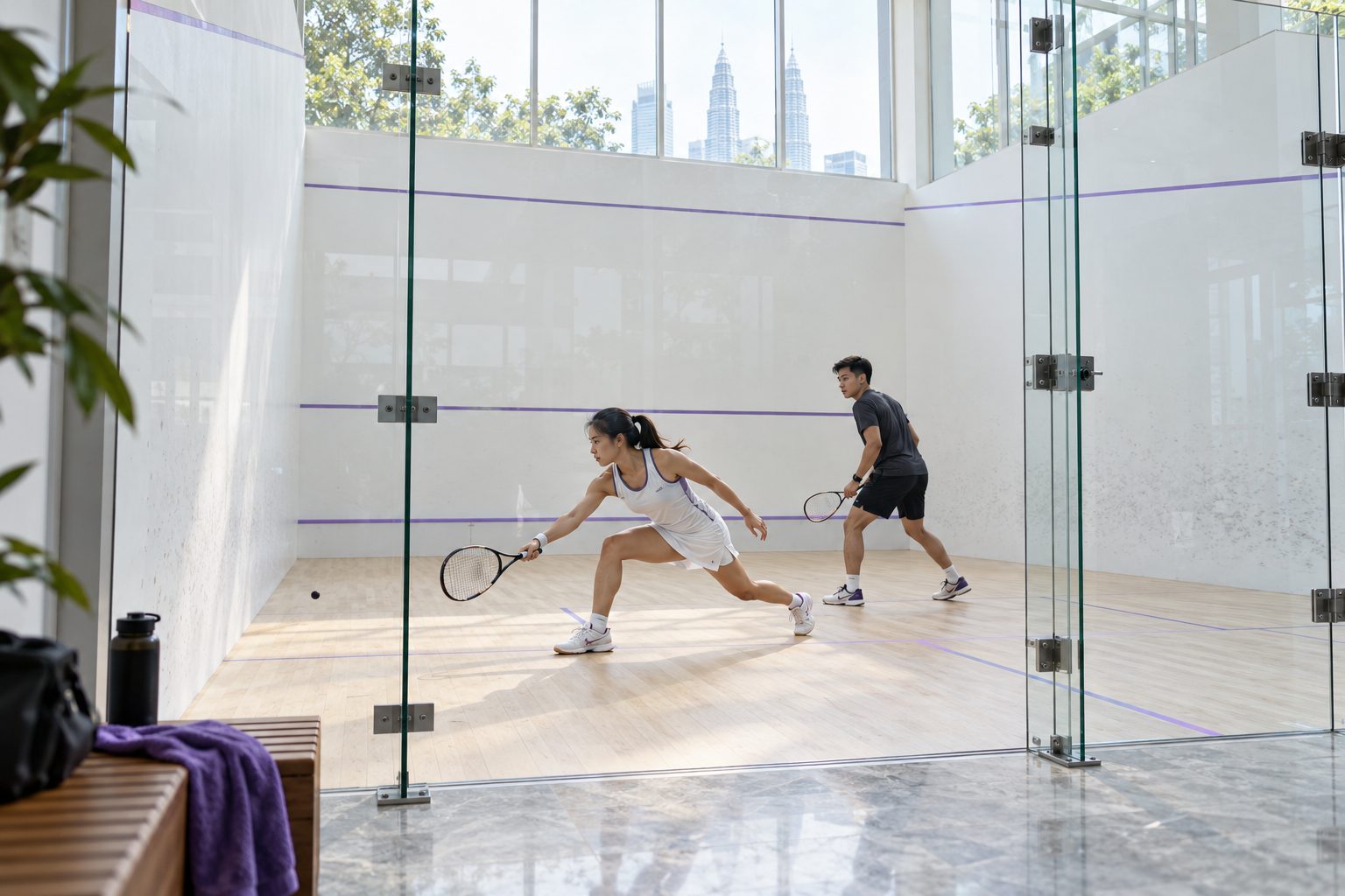 Players competing on a glass-backed squash court