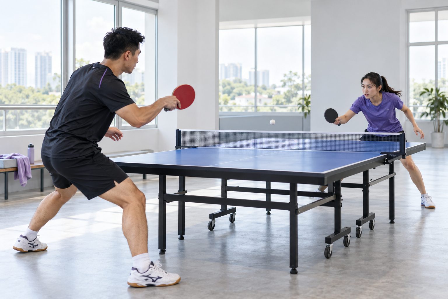 Players mid-rally in a professionally operated table tennis club