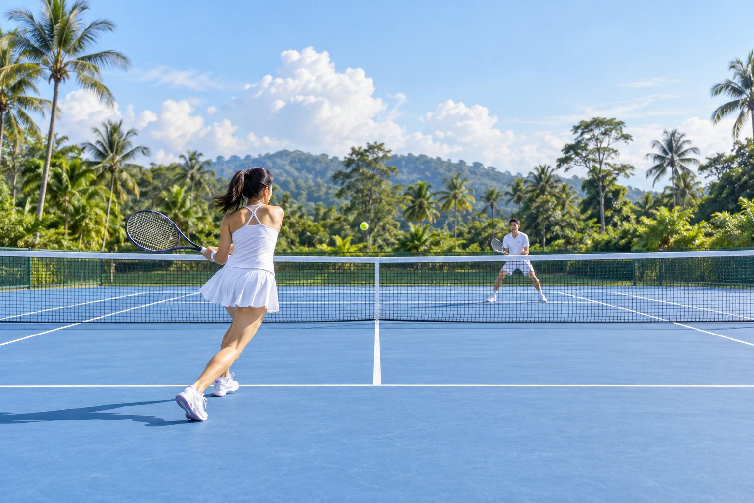 Players mid-rally on a sunny outdoor tennis court in Malaysia