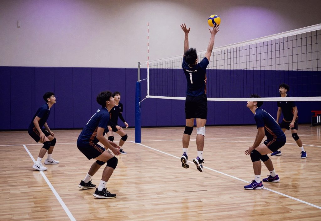 An indoor volleyball rally at the net