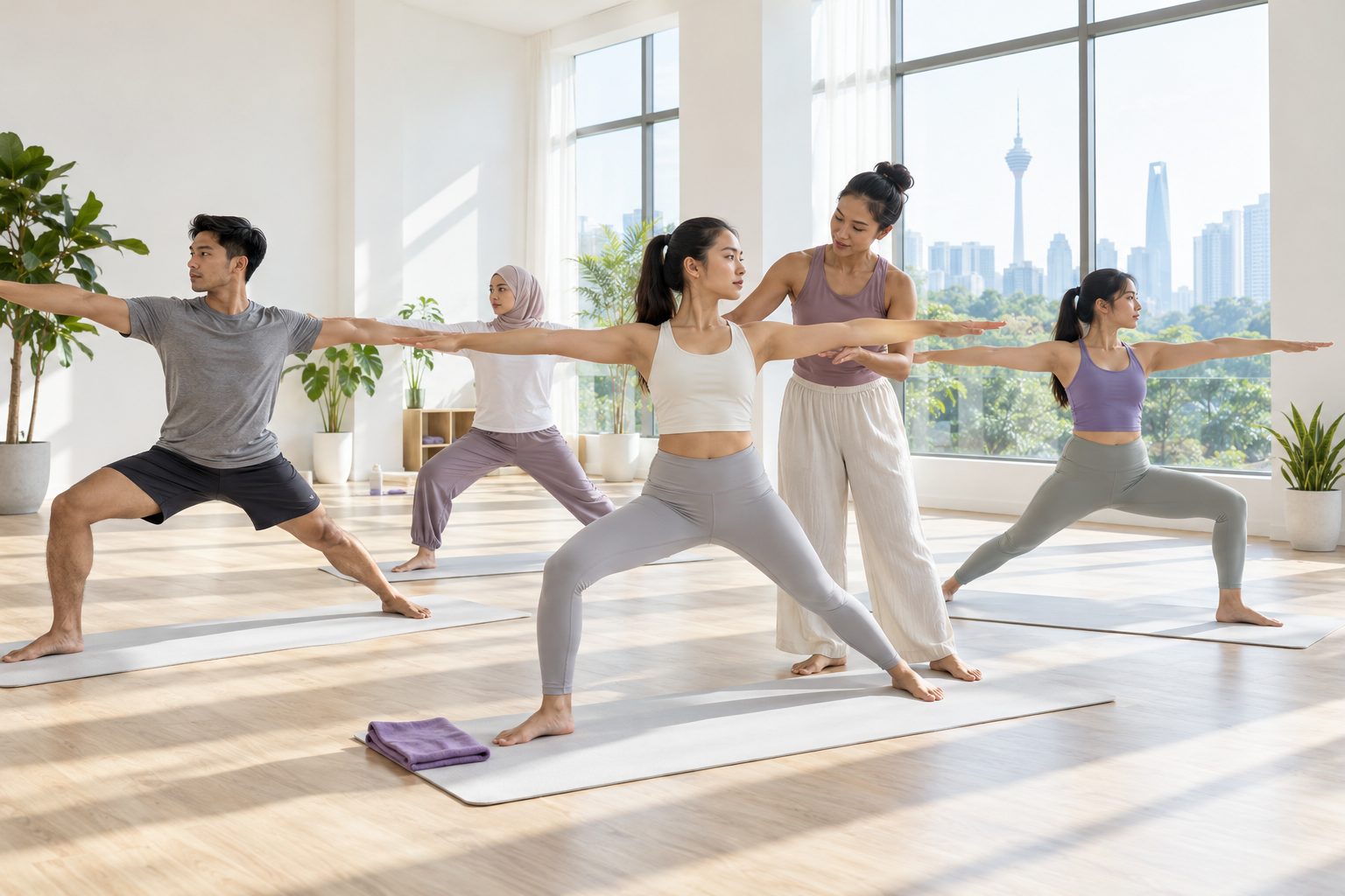 A coached class in a multipurpose yoga and fitness studio