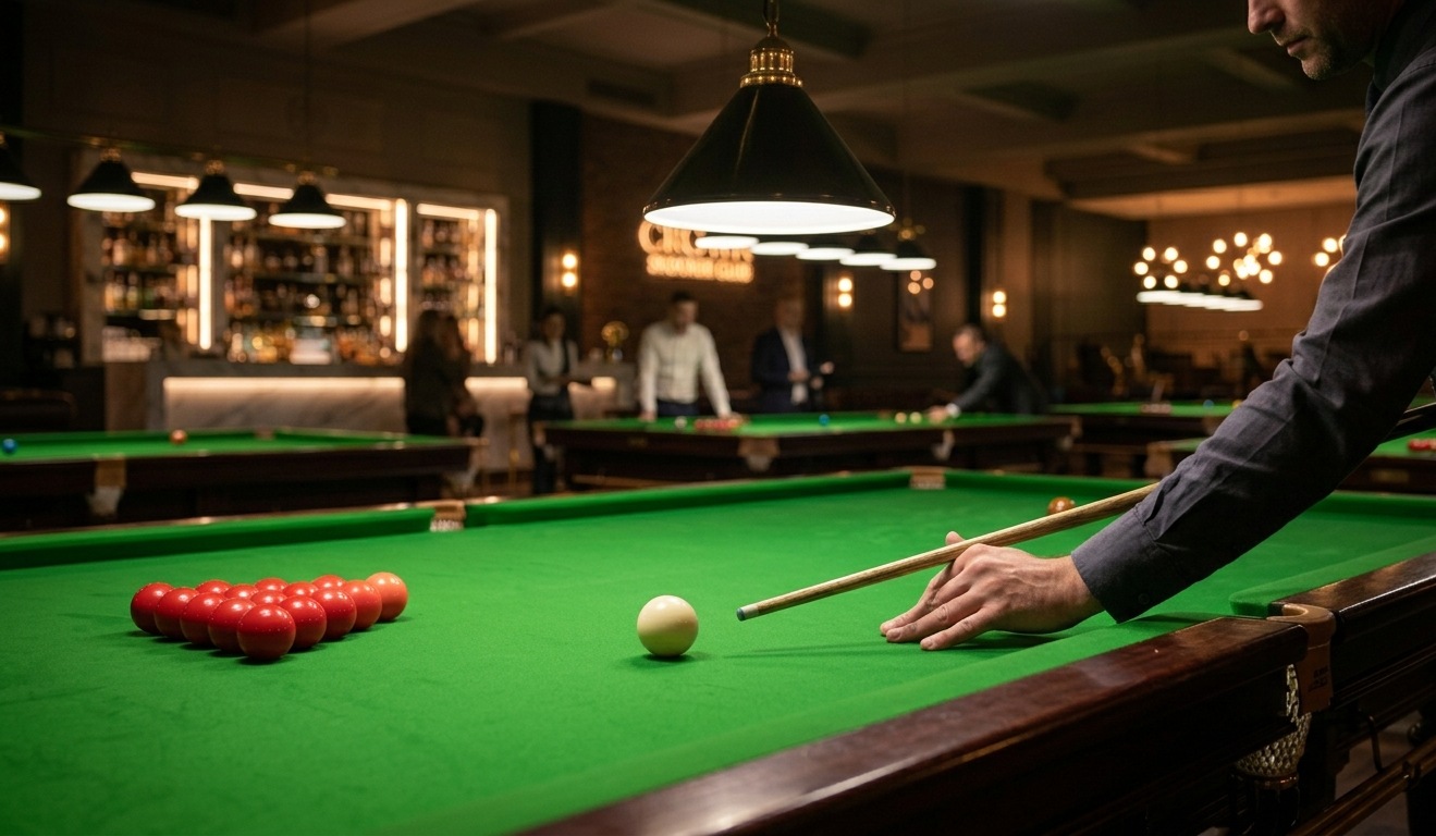 Snooker King the break shot — close-up cue strike on the rack at a modern members club bar