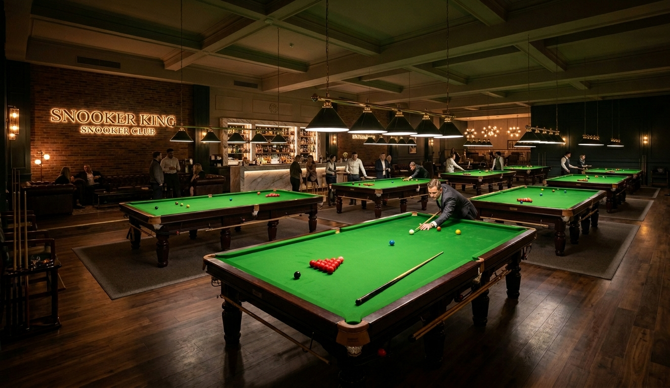 Snooker King branded multi-table venue floor with neon Snooker King signage, leather lounges and players across multiple bays