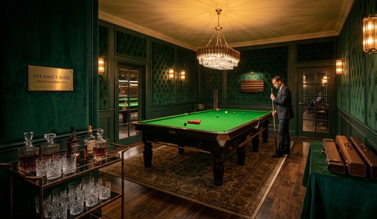 Snooker King private VIP snooker suite with green velvet walls, crystal chandelier and decanter cart