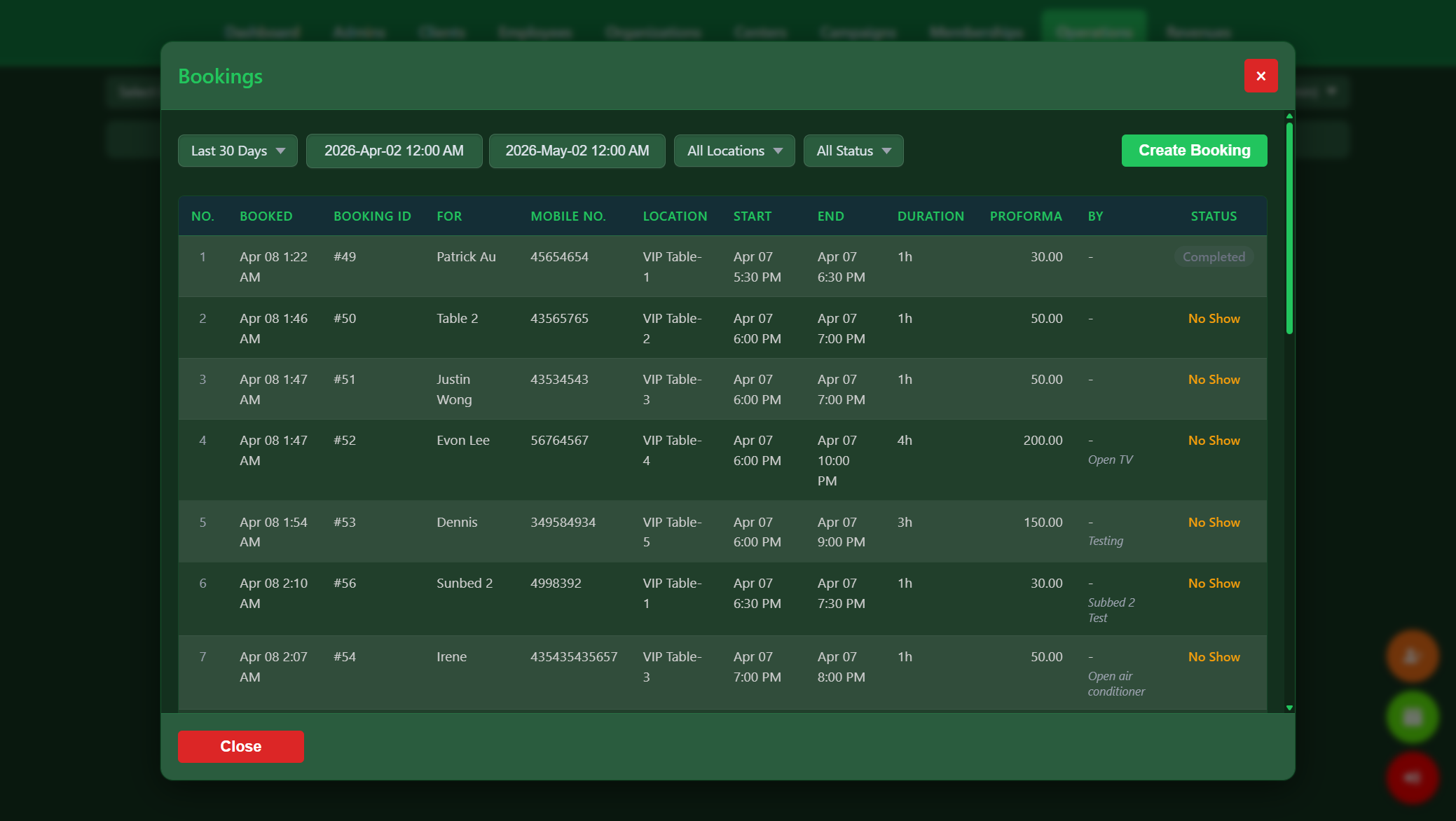 Snooker King booking management — date-range filtered view of last 30 days reservations with location, duration, proforma and status columns