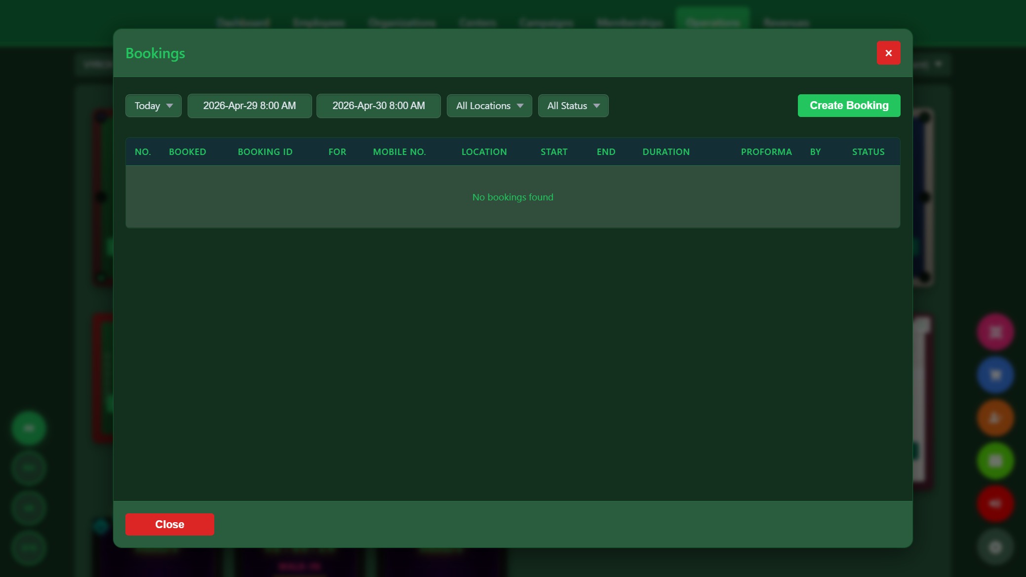 Snooker King booking modal - day filter, start/end datetime pickers, per-table location filter, and status tracking (Confirmed, Checked-In, Completed, No-Show)