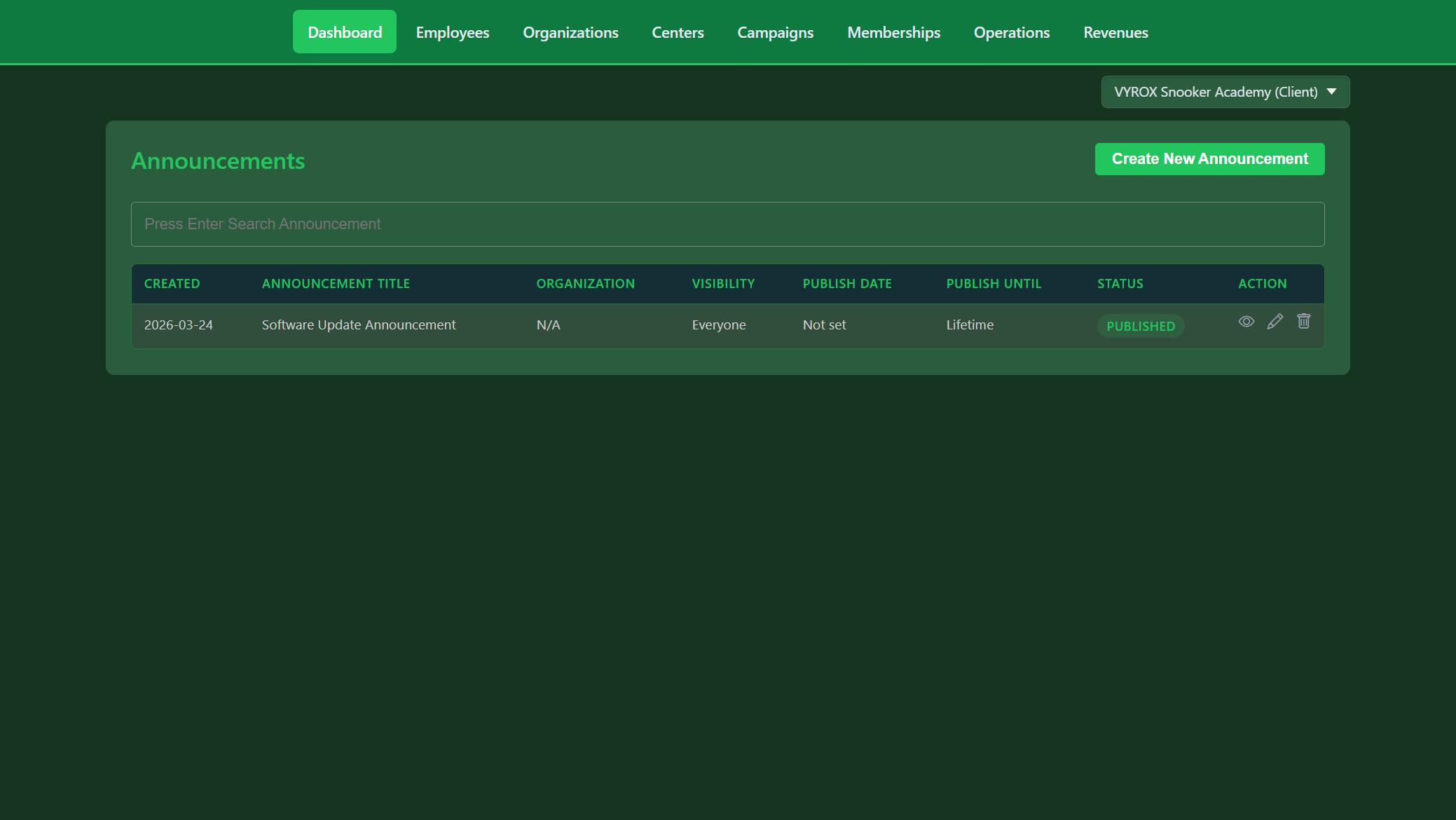 Snooker King announcements broadcaster — operators push priority messages to every member with publish-window control