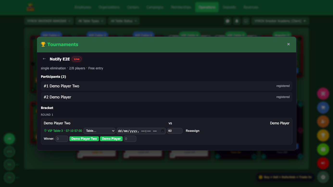 Snooker King tournament hosting — live bracket with participants, table assignment, and one-click winner scoring for the operator's console