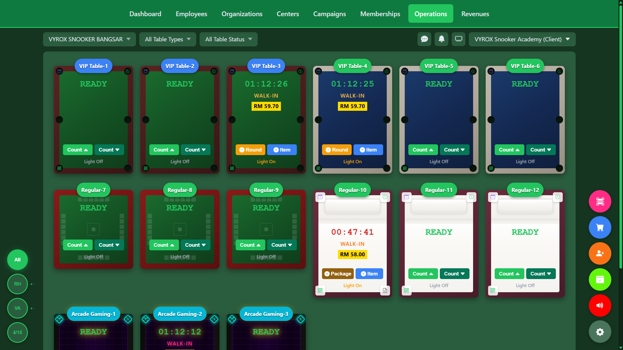 Snooker King operator dashboard - live table grid with countup timers and walk-in billing across all tables