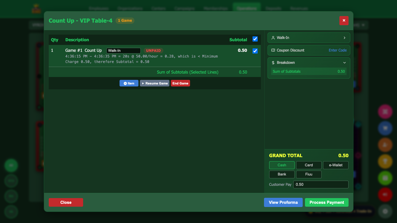 Snooker King true pause — frozen session timer, Resume Game button, and a single line item with one minimum charge, no double-billing for the operator