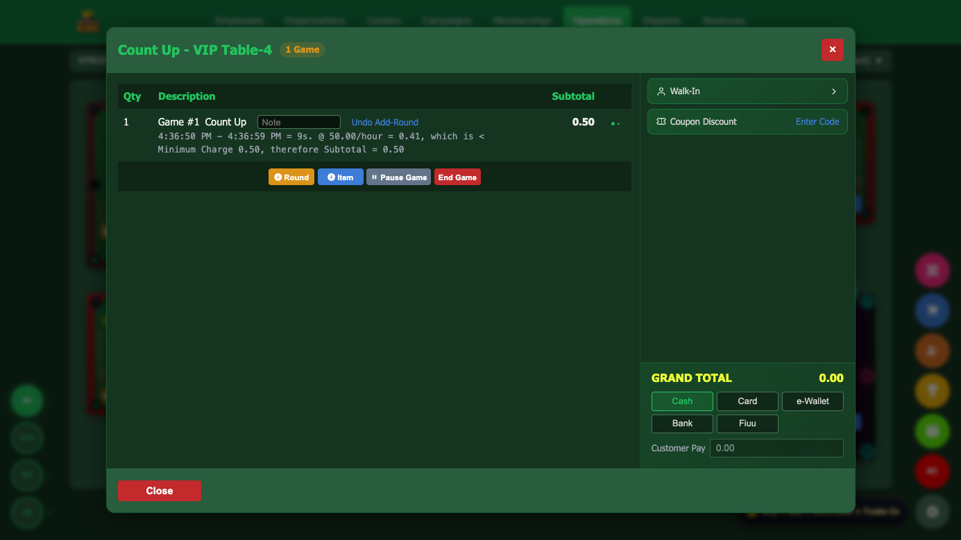 Snooker King resume game — the same continuous billing session picks back up mid-game, timer running, no new invoice created