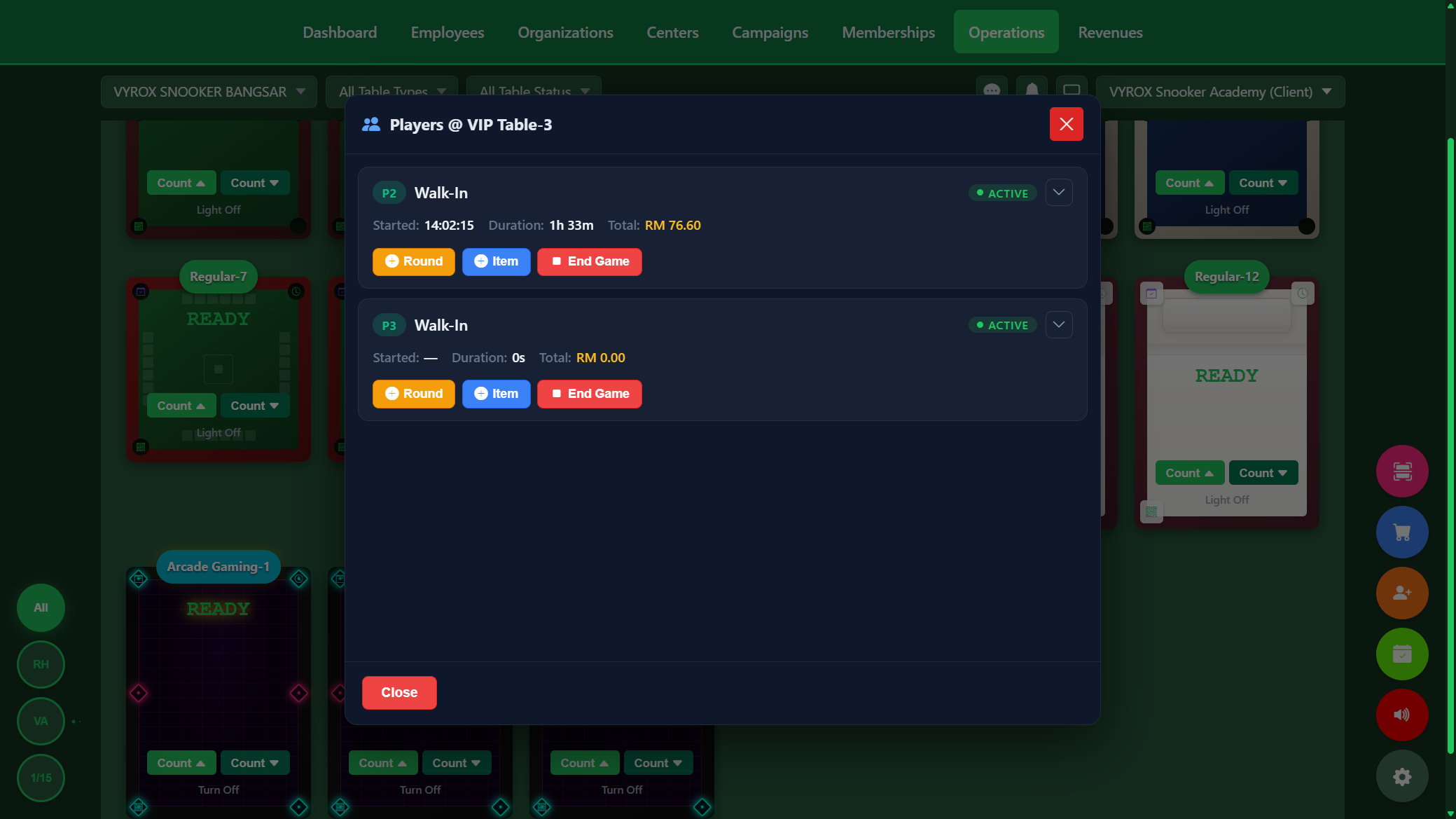 Snooker King multi-player session roster — operator's per-table list of every active player slot with running duration and revenue, plus +Round +Item and End Game actions per slot for sharp split-bill control