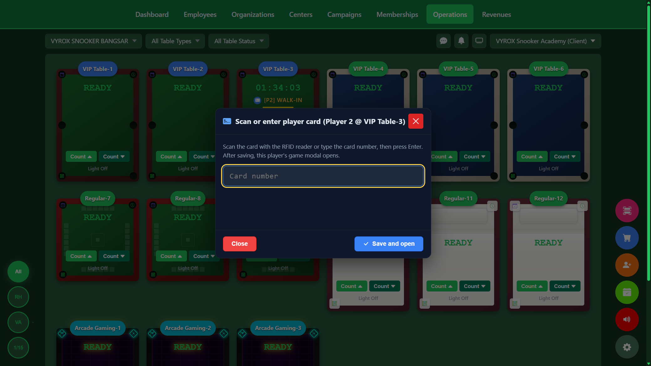 Snooker King per-player RFID card scan — operator binds a member card to a specific player slot in two seconds, every round and item routes straight to the right member's tab