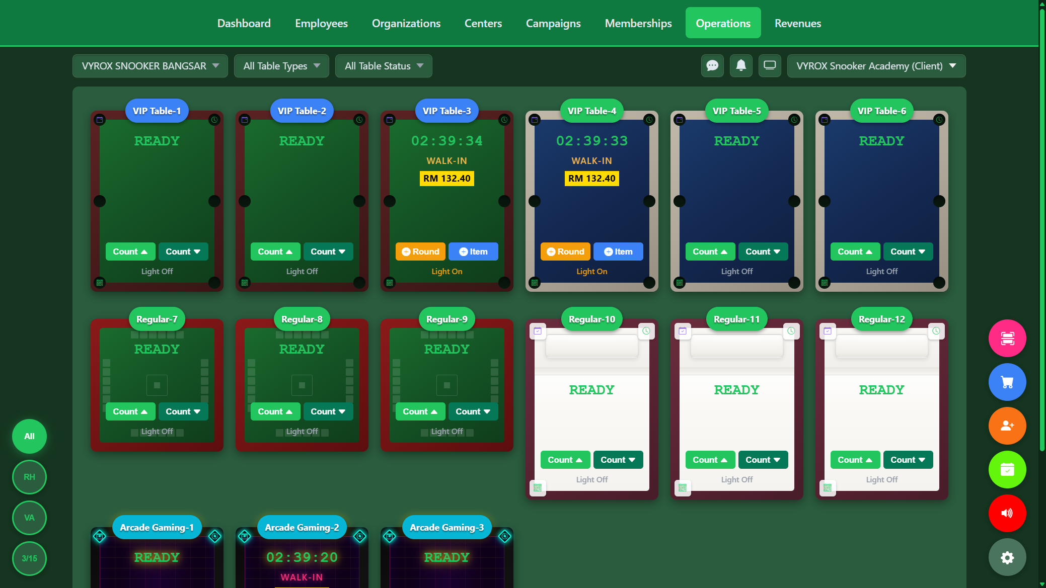 Snooker King live tables - 15-table operator grid showing 3 occupied with running countup timers, walk-in billing, and per-table IoT light status