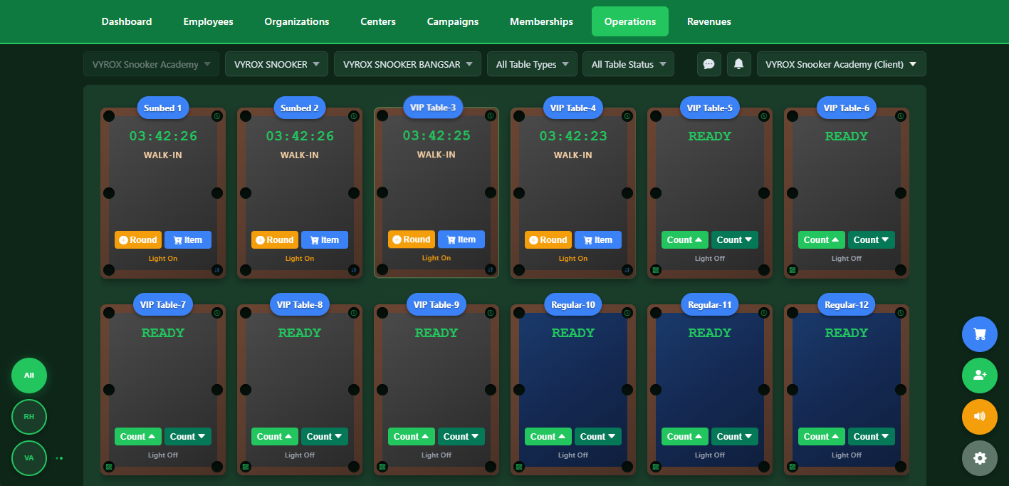 Snooker King table operations dashboard with color-coded live status, timers and revenue widgets