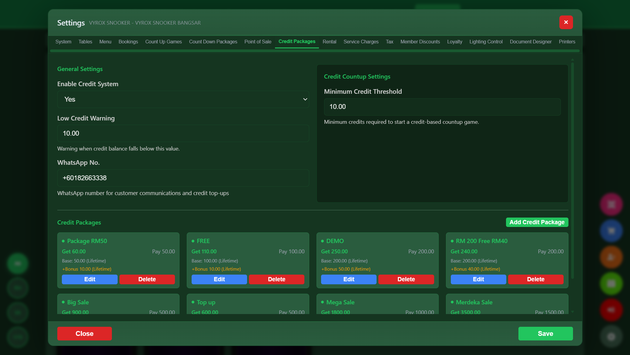 Snooker King wallet top-up tiers — FREE, DEMO, Big Sale, Mega Sale, Merdeka Sale with bonus credit ratios