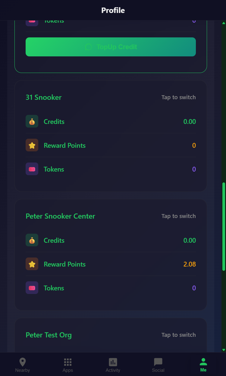 Snooker King member portal multi-org wallet - operator-shared credit balance across centers in mobile view