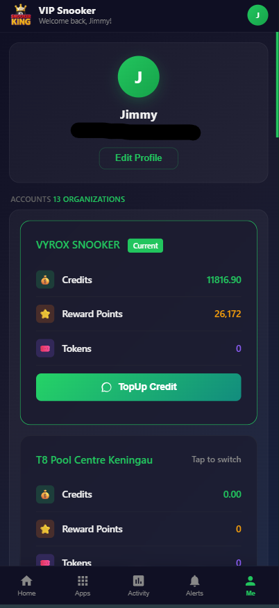 Snooker King member app wallet — operators see members topping up credit straight from mobile, reducing front-desk queues