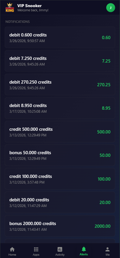 Snooker King transaction record — operators reduce disputes with members by exposing every payment in app