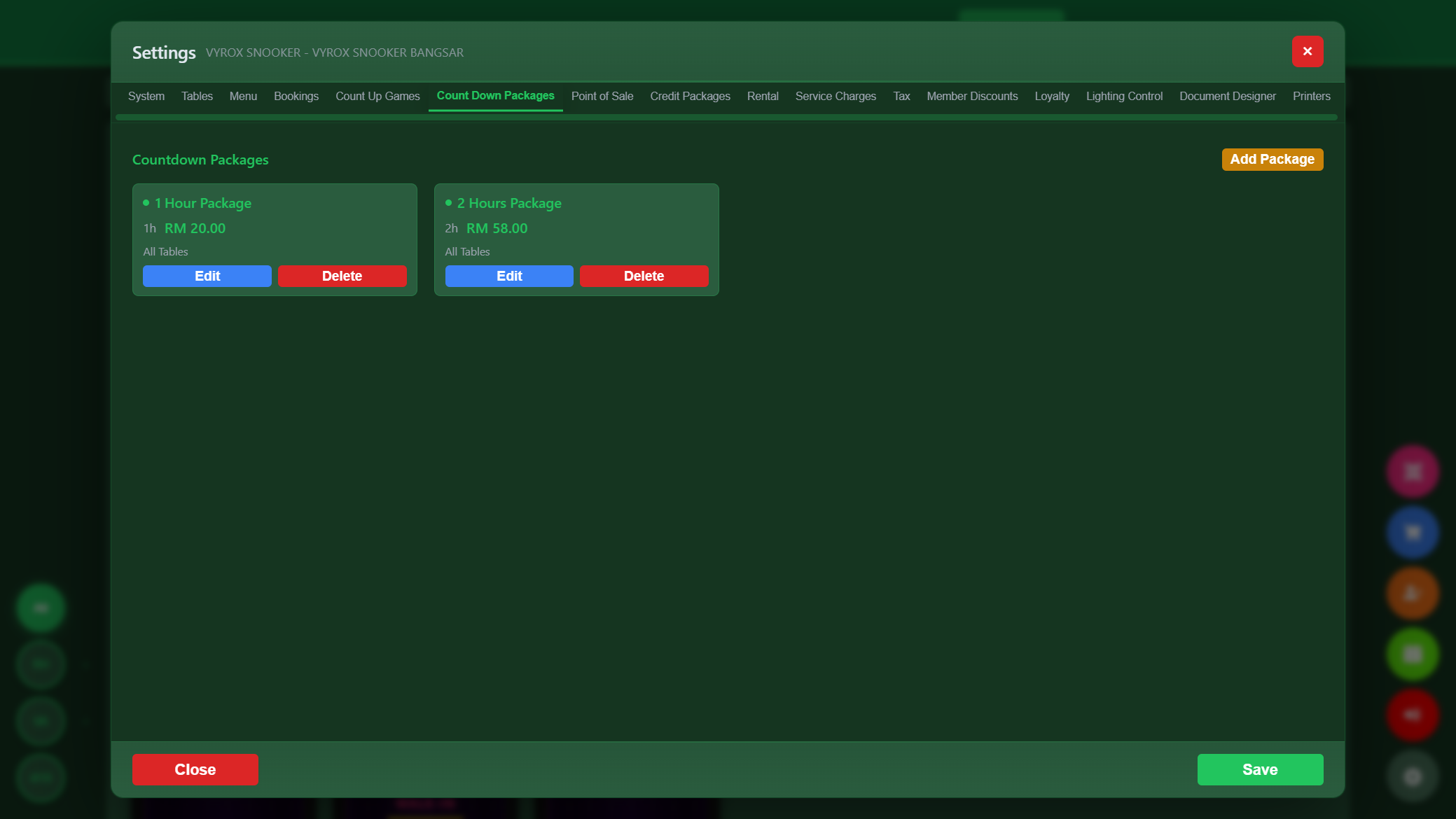 Snooker King countdown time packages — 1-hour and 2-hour prepaid packages with per-table pricing, edit and delete controls