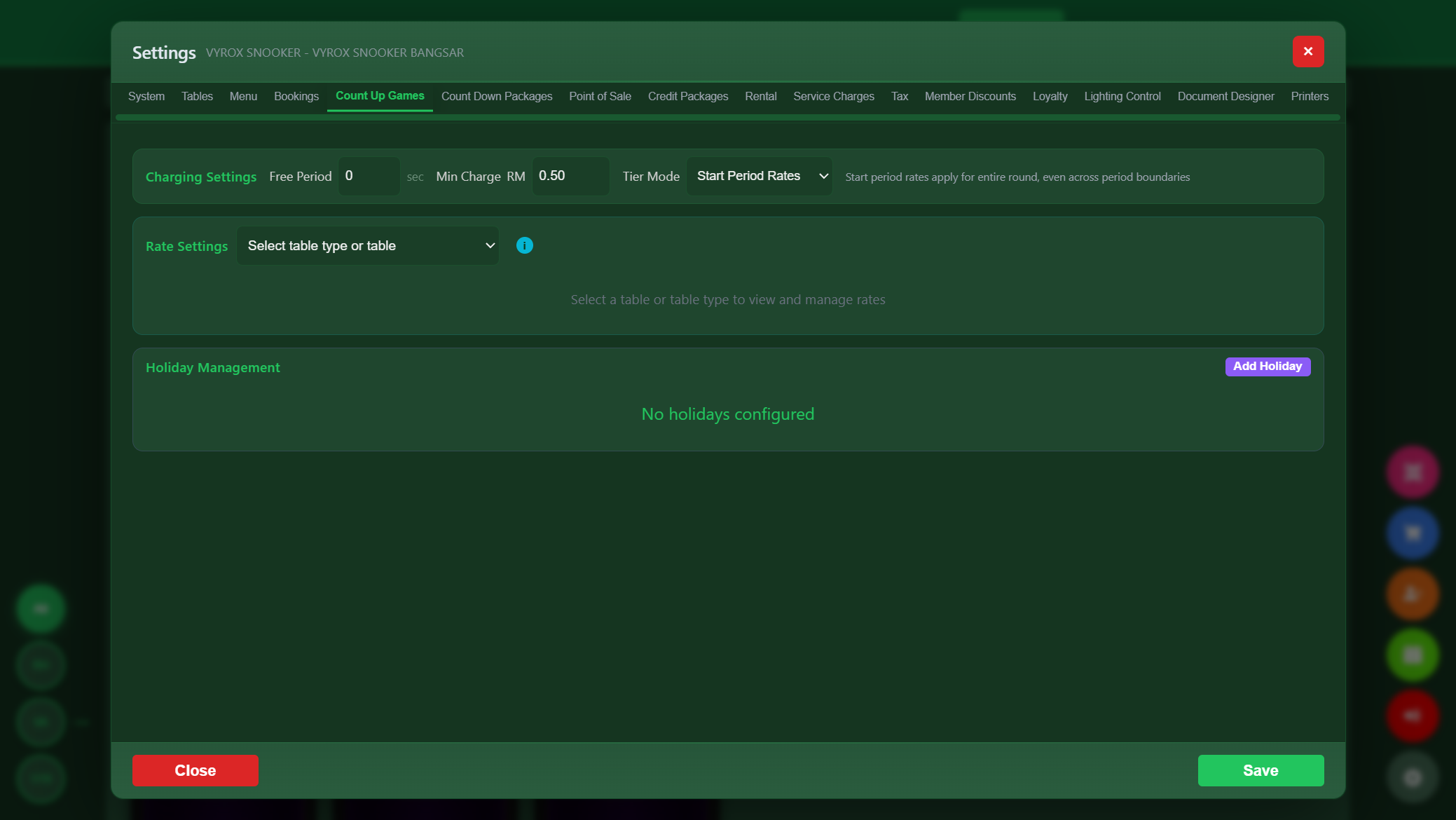 Snooker King dynamic pricing — free period, minimum charge, tier modes, holiday calendar for revenue uplift