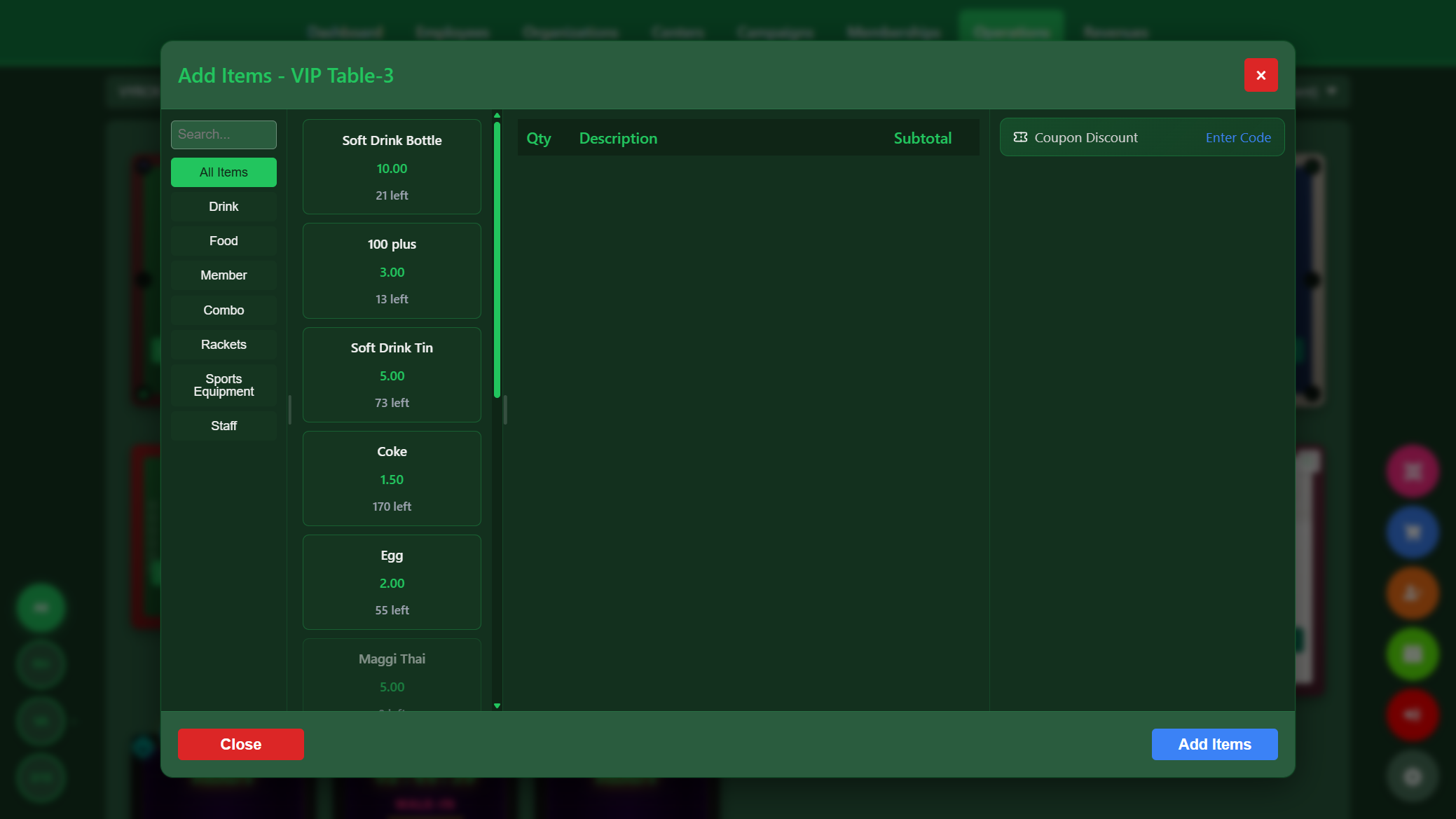 Snooker King F&B POS - add-items modal with category tabs (Drink/Food/Combo/Rackets), live stock counts, prices, and one-click cart for table service