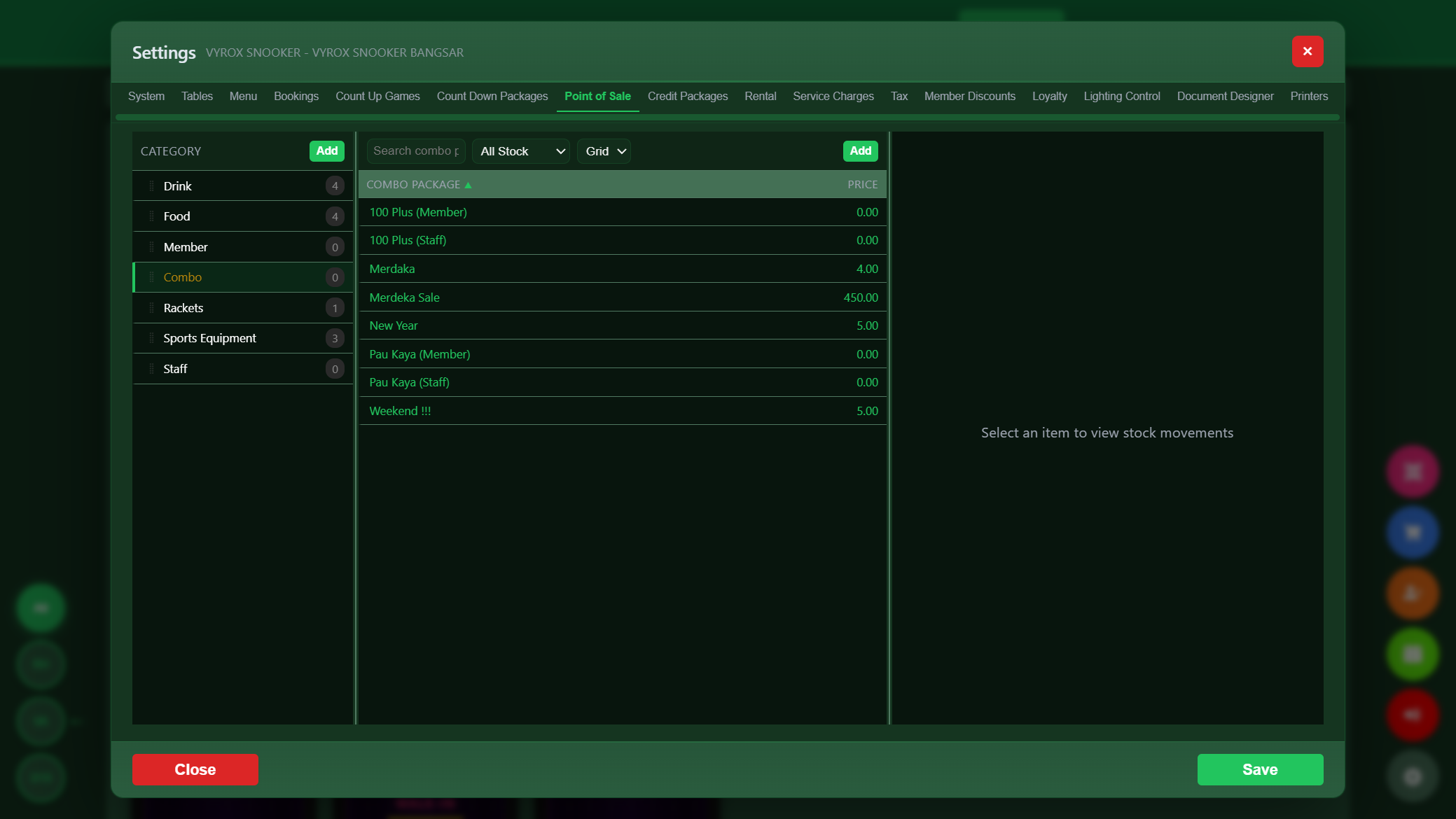Snooker King POS combo and bundle management — category list with item counts, stock filters and grid view for menu organization