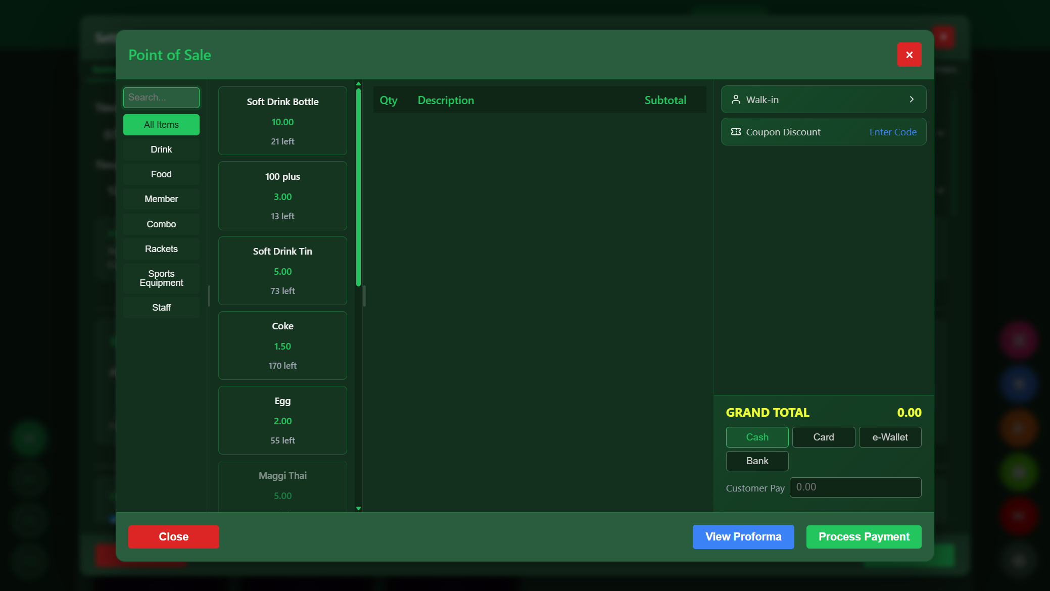 Snooker King POS and F&B checkout — 8 categories, Cash, Card, e-Wallet, Bank, coupon discount in one tender