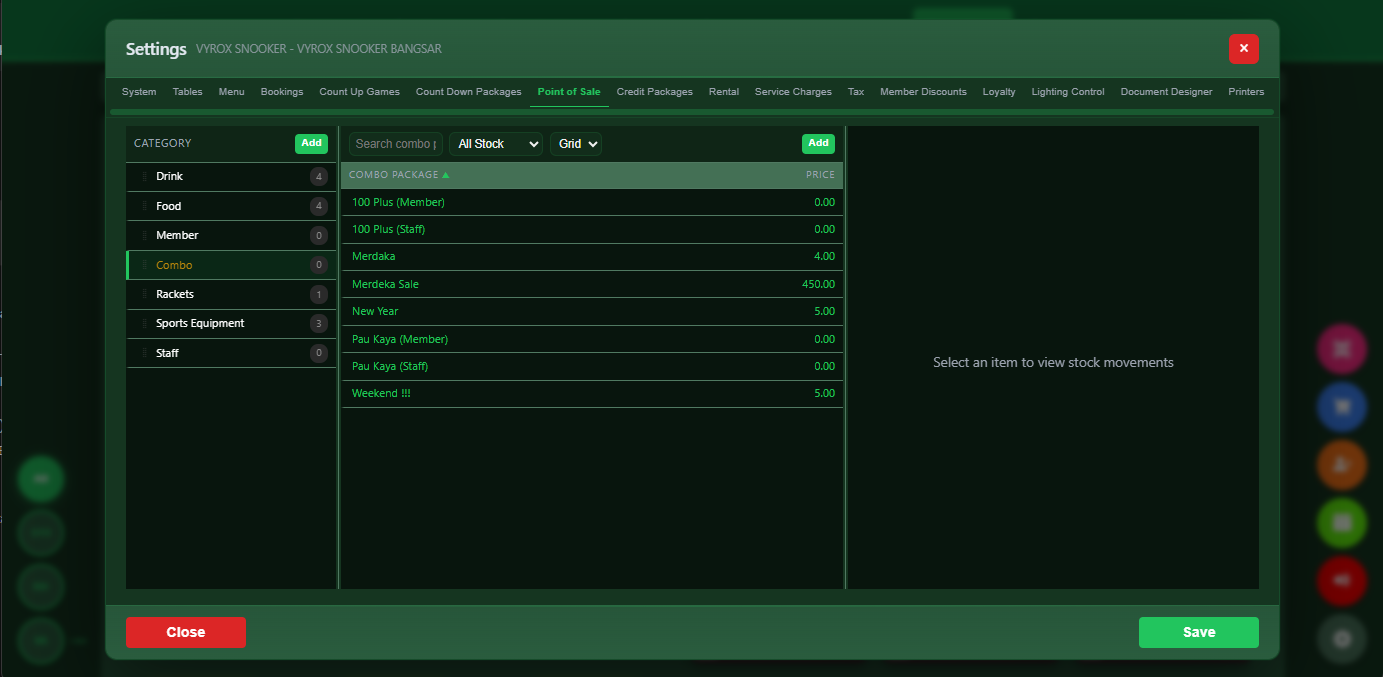 Snooker King combo package display — operator front-of-house view for upselling combos at checkout