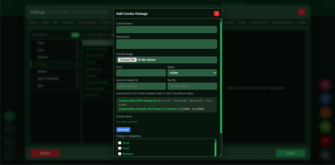 Snooker King F&B combo setup — operators configure cue + drink + snack bundles with margin controls