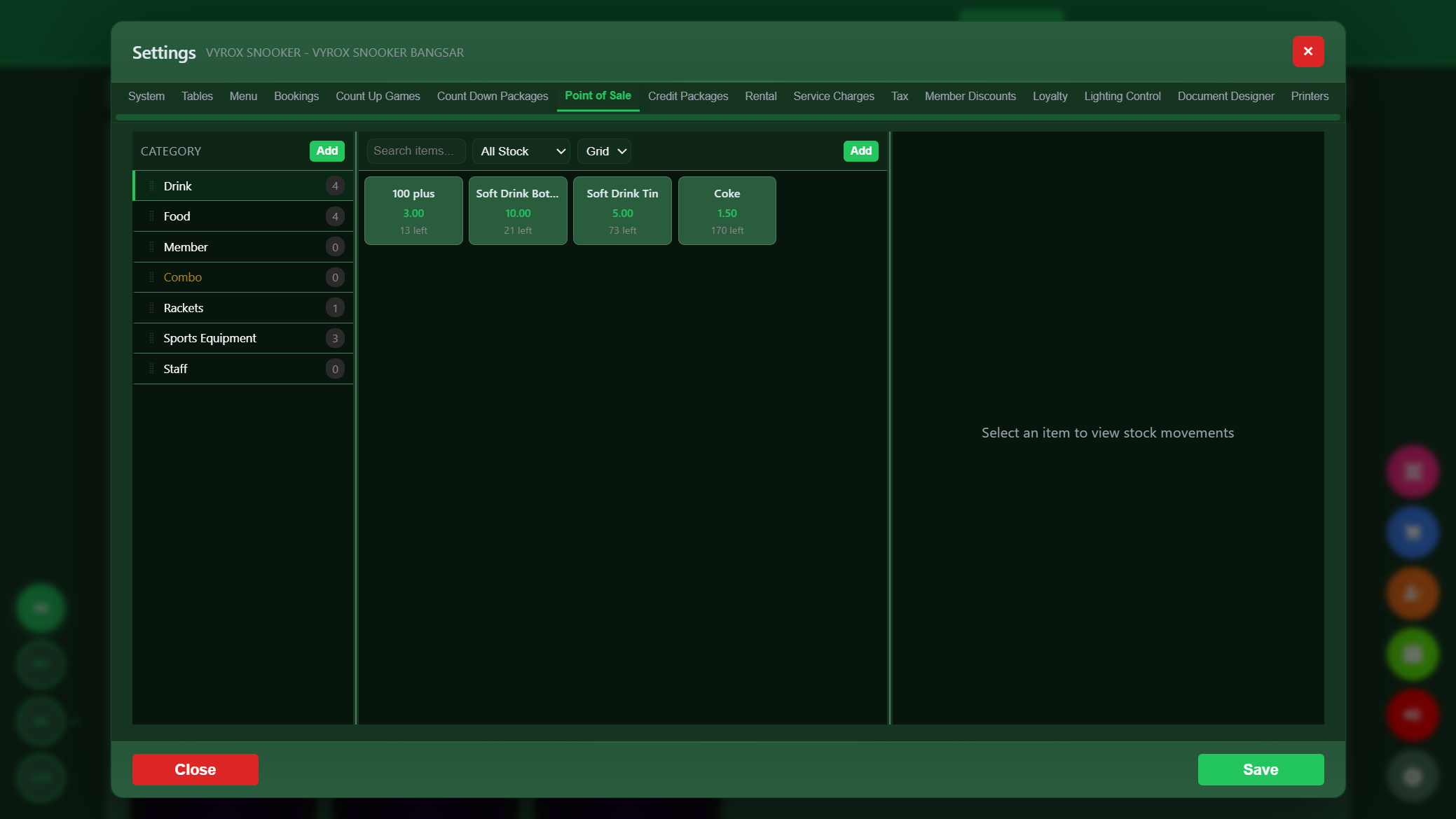 Snooker King inventory grid — Drinks, Food, Rackets, Sports Equipment with live stock counts and movement audit