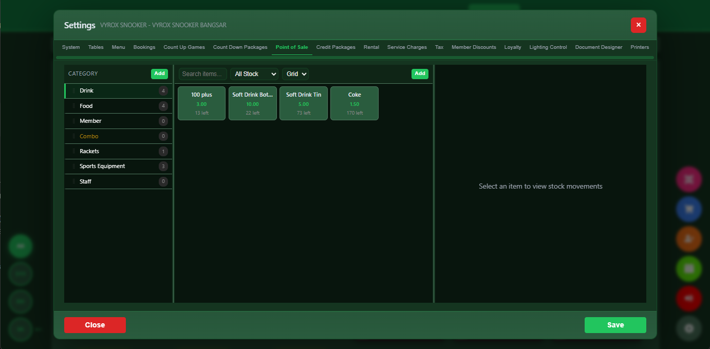 Snooker King inventory balance — owner view of every cue, ball, drink and consumable with current stock levels