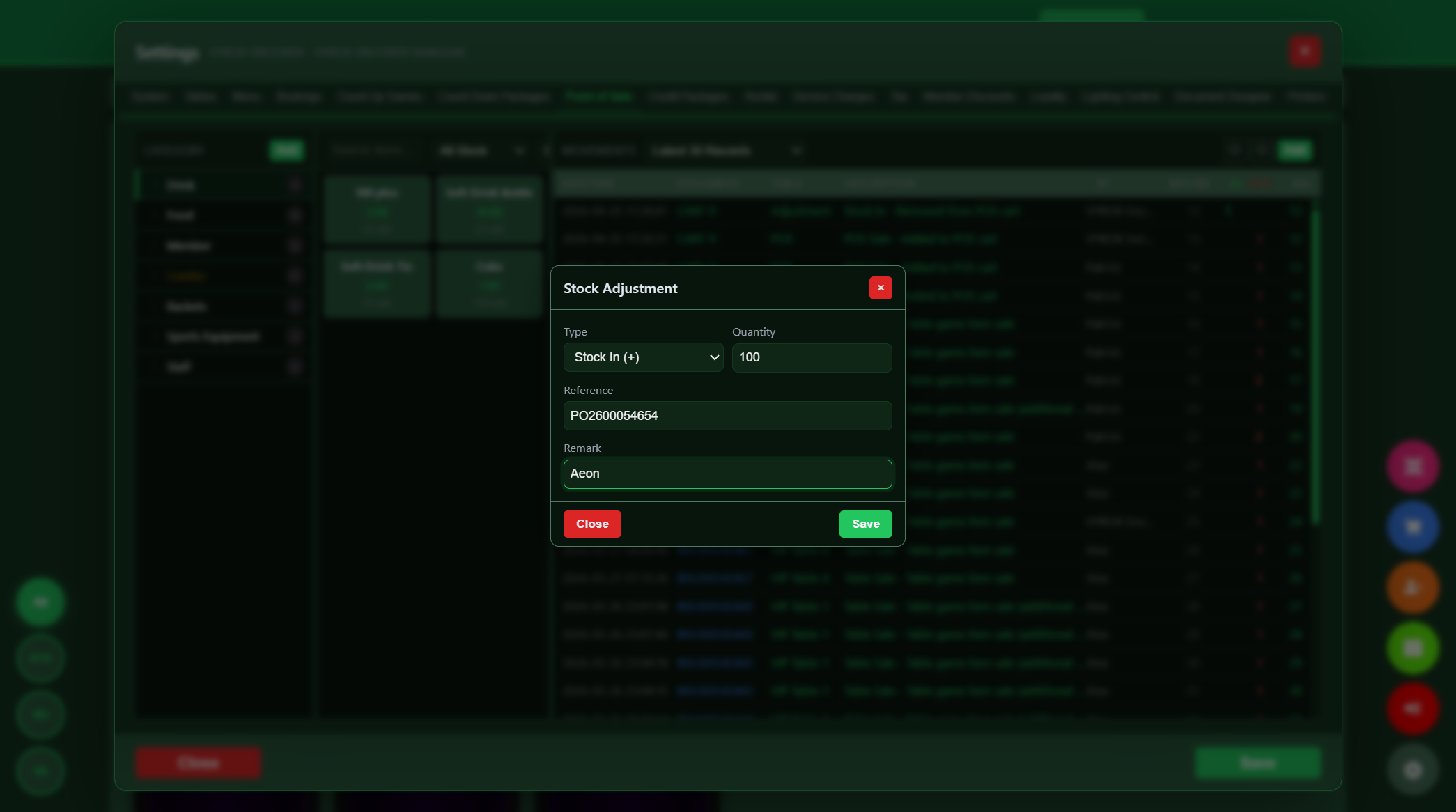 Snooker King stock adjustment workflow with quantity reference number and reason code for multi-branch shrinkage accountability