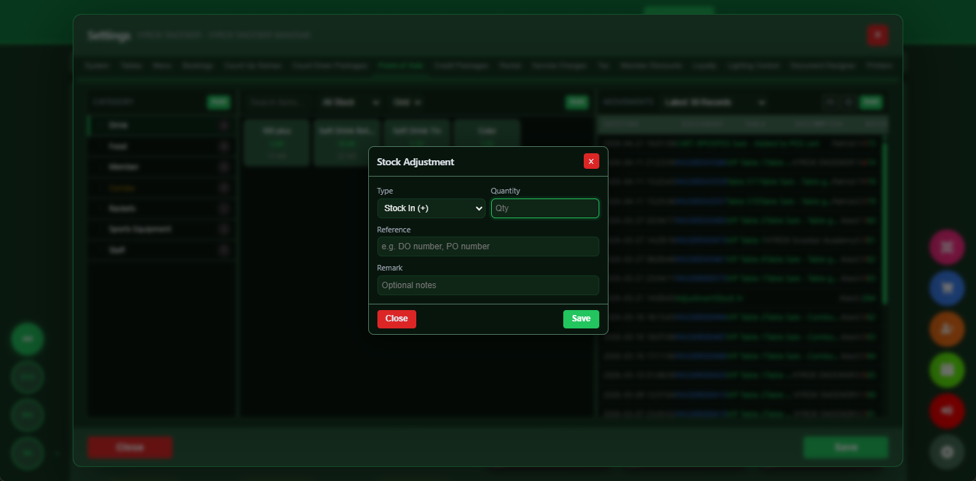 Snooker King stock adjustment — operator records breakage, shrinkage and re-counts with full audit trail