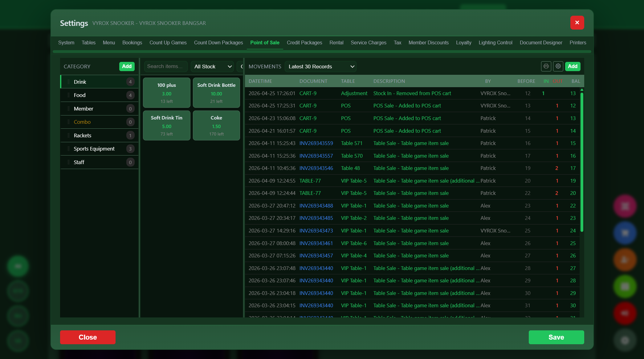 Snooker King inventory and stock control dashboard with timestamped stock movements audit log for snooker venue owners