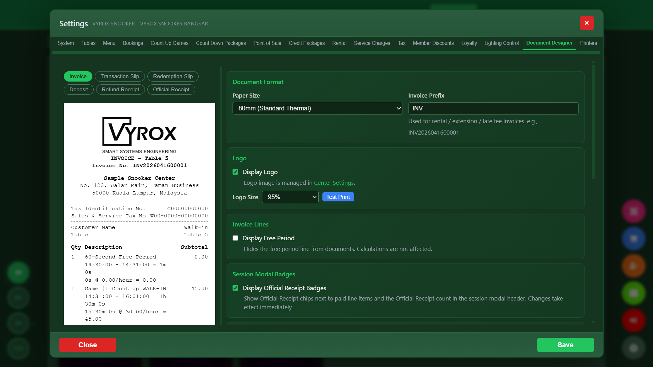 Snooker King document designer — visual editor with live invoice preview, SST, service charge, change calculation
