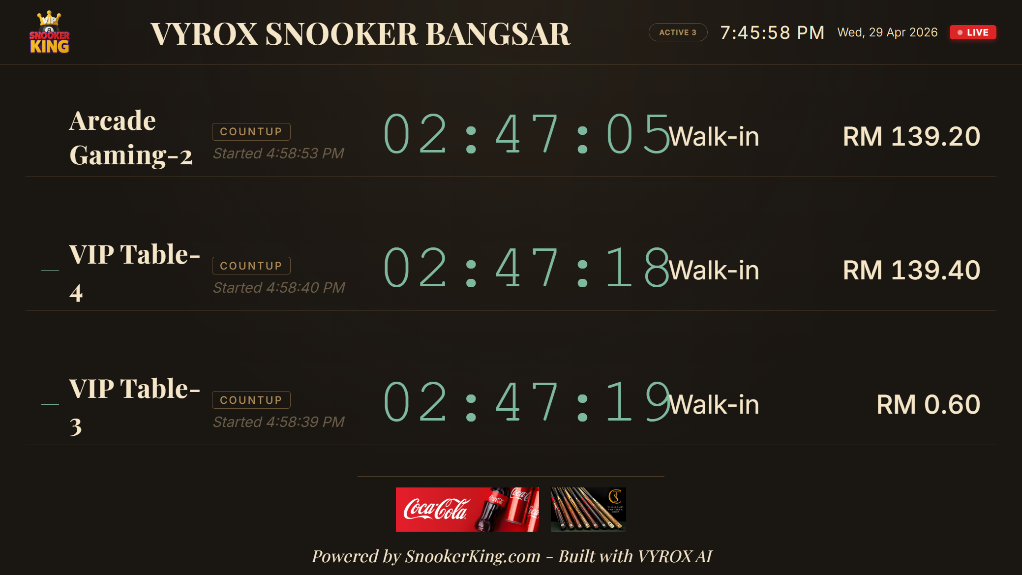 Snooker King Live Table Monitor — branded scoreboard with live session timers, table names and running totals on the lounge wall display