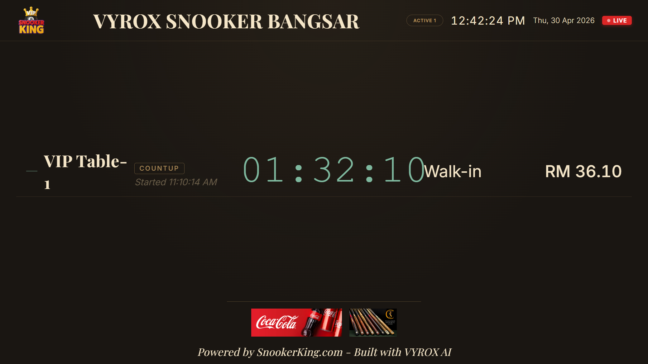 Snooker King Live Table Monitor — branded venue header, live timer, sponsor footer for the customer-facing wall display